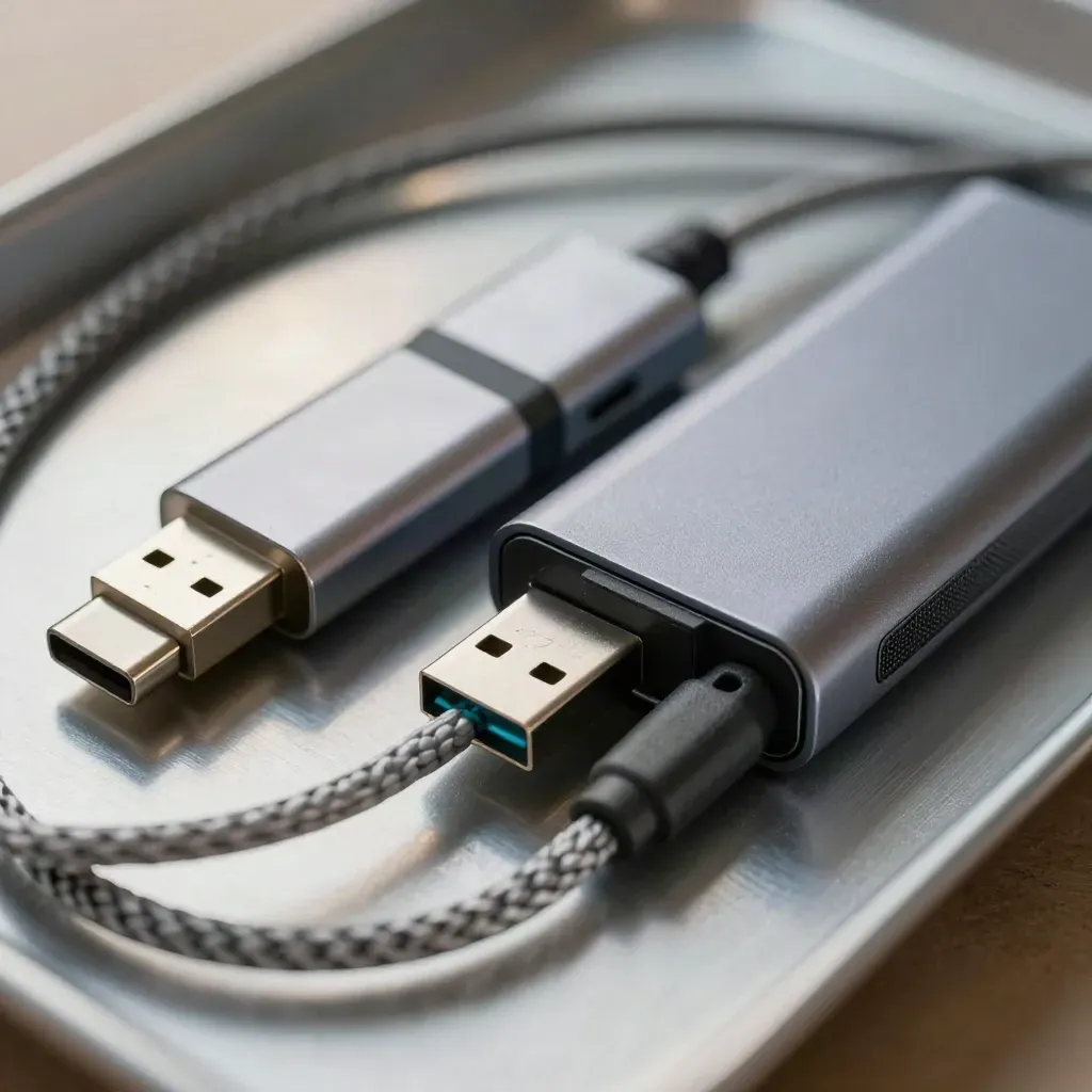 Makro zestawu IT do szkoły: adaptery USB-C, hub i zwijany kabel na metalowej tacy.