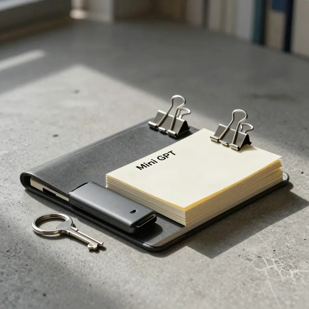 Zestaw wdrożeniowy Mini GPT do szkół: folder, pendrive, klipsy i notatki na betonie